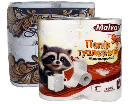 ТМ Мальвар Папір туалетний трьохшаровий 4шт 98мм 12уп/міш